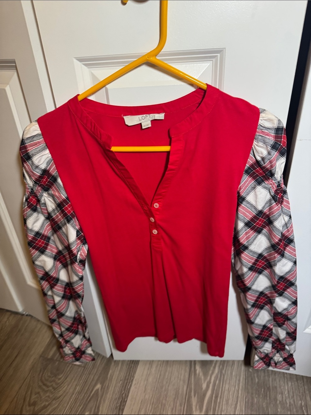 LOFT Red Henley Top with Plaid Sleeves